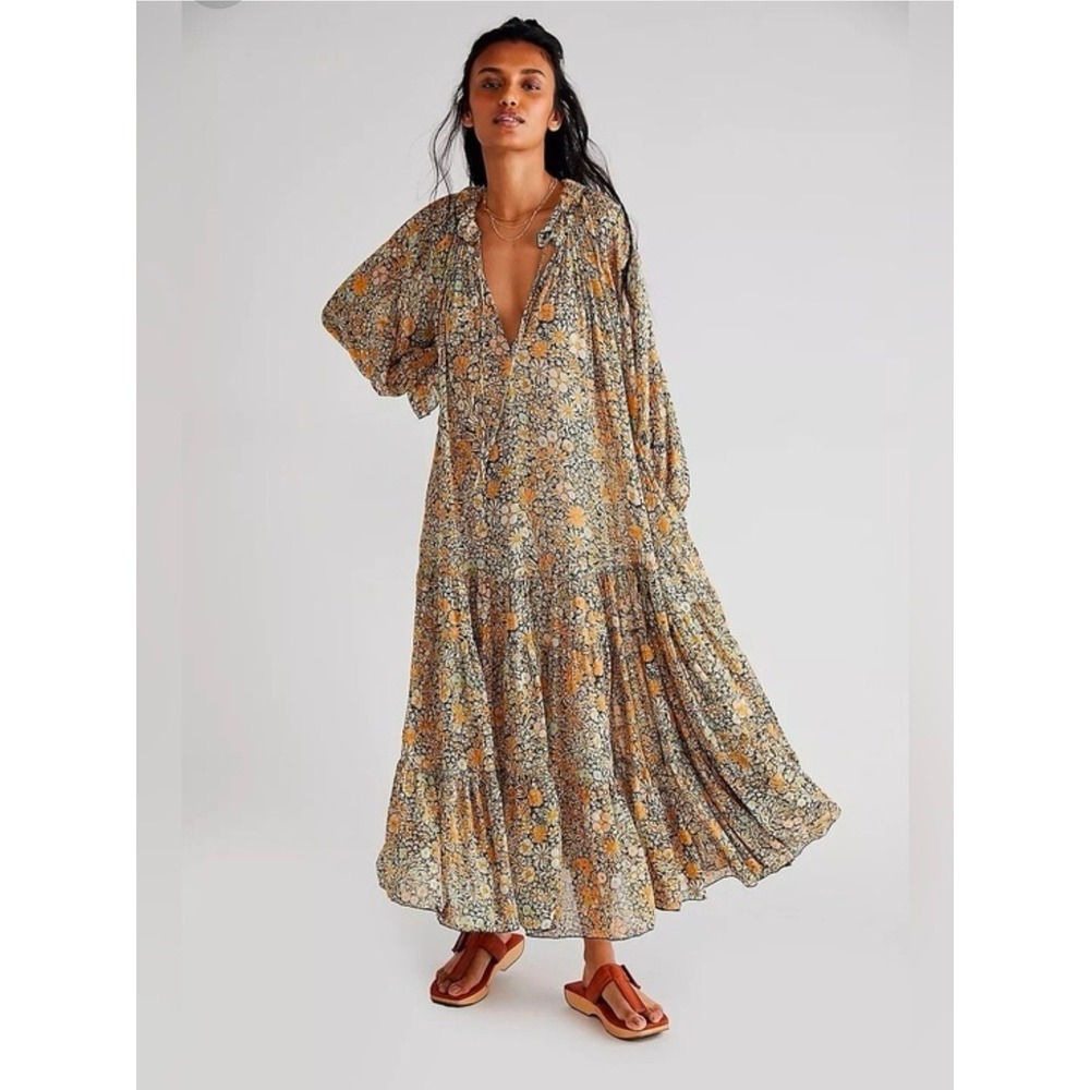 Free People Feeling Groovy Maxi Dress Yellow Floral Boho Tiered Long Sleeve S